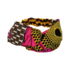 Bandeau jaune et rose cousu main en tissu wax, porté habituellement par des femmes noires africaines pour maintenir leurs cheveux. Très utilisé, ce produit est un accessoire capillaire très apprécié