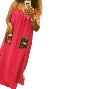 Robe africaine rose avec des motifs en tissu pagne (wax)