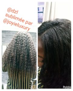 Femme portant un tissage posé par la coiffeuse afro Joyie Luxury